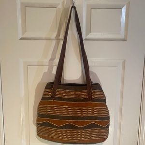 Vintage woven knit bag with hand stitched genuine leather straps